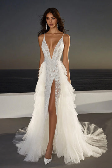 Tulle Lace Spaghetti Straps Ruffled A Line Wedding Dress With Slit